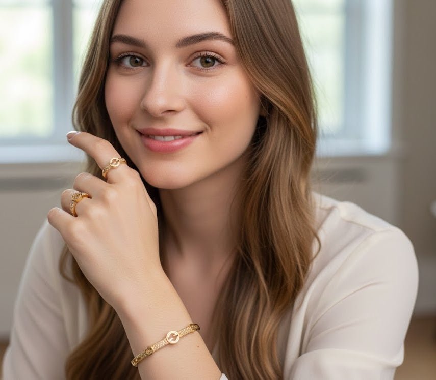 Modern Cross-Bar Zirconia Bangle & Ring Set in UAE – Gold & Silver Circle Emblem Jewelry for Women, Daily & Party Wear