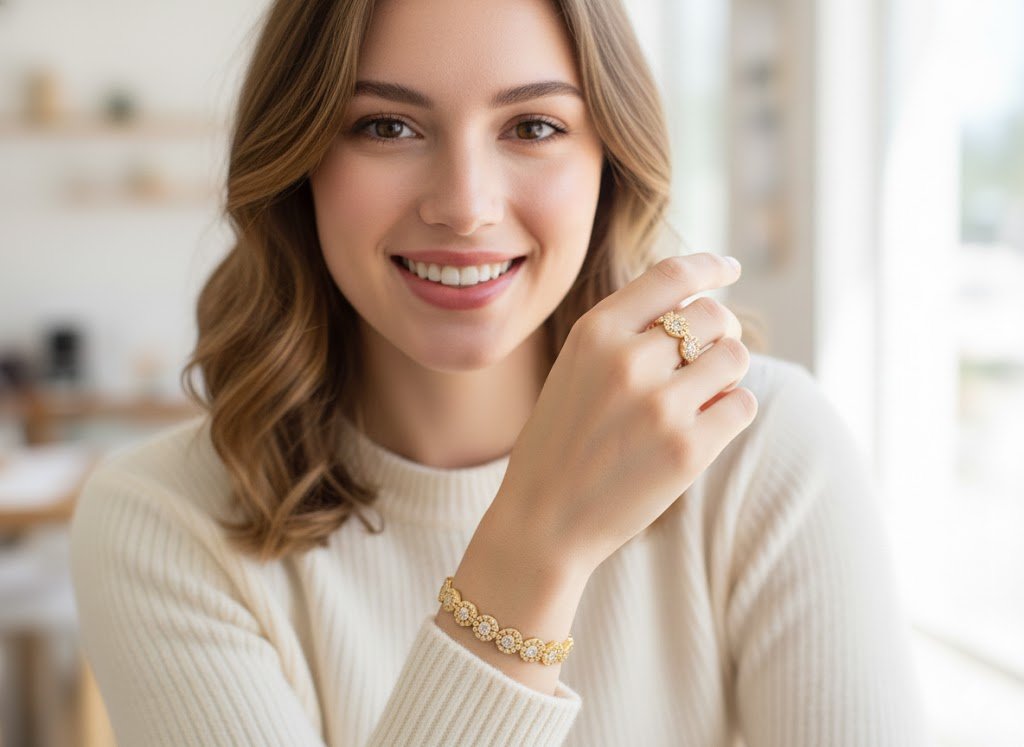 Sparkle Sunburst Cuff Bracelet & Ring Set in UAE – Gold & Silver Sunflower Crystal Jewelry for Women, Party & Gift Set