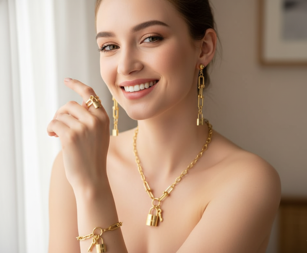 Lockara™ Padlock & Key Jewelry Set in UAE – Necklace, Bracelet, Earrings & Adjustable Ring for Women, Love & Fashion Statement