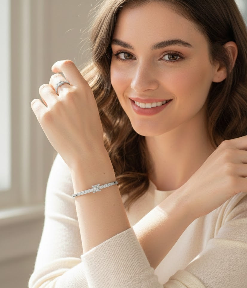 Luxury LV-Inspired Crown Bangle & Ring Set in UAE – Gold & Silver Crystal Jewelry for Women, Party & Daily Wear