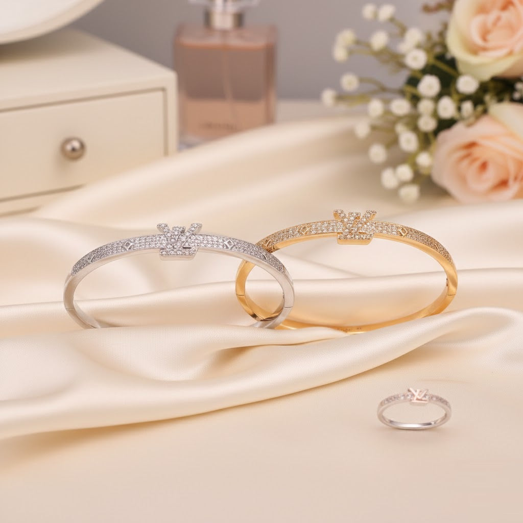 Luxury LV-Inspired Crown Bangle & Ring Set in UAE – Gold & Silver Crystal Jewelry for Women, Party & Daily Wear